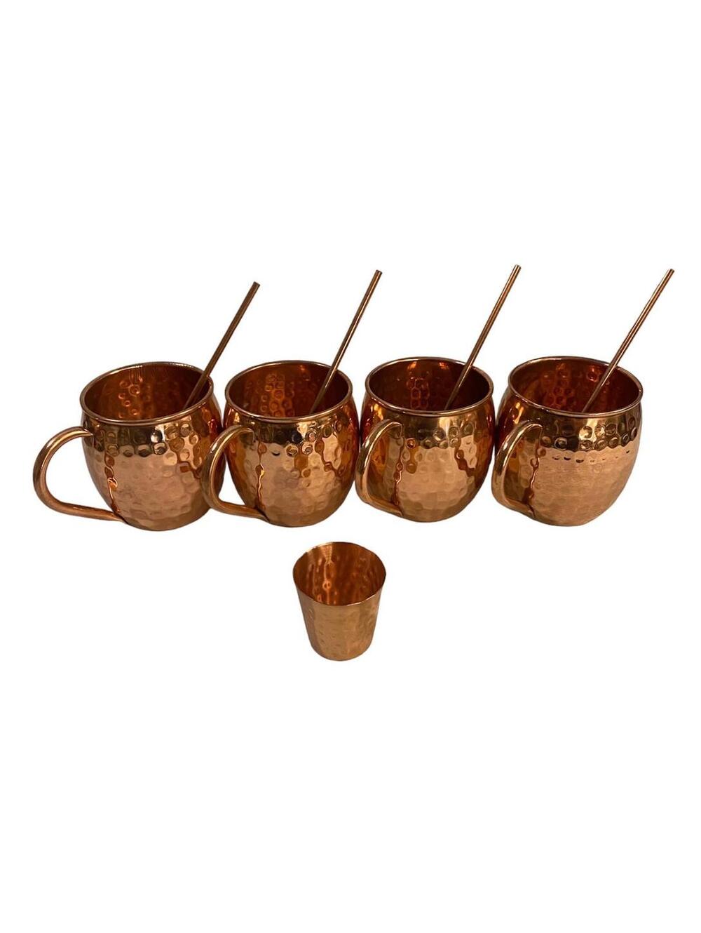 Moscow Mule Hammered Copper 18oz Set of 4 With Copper Straws & Shooter Glass